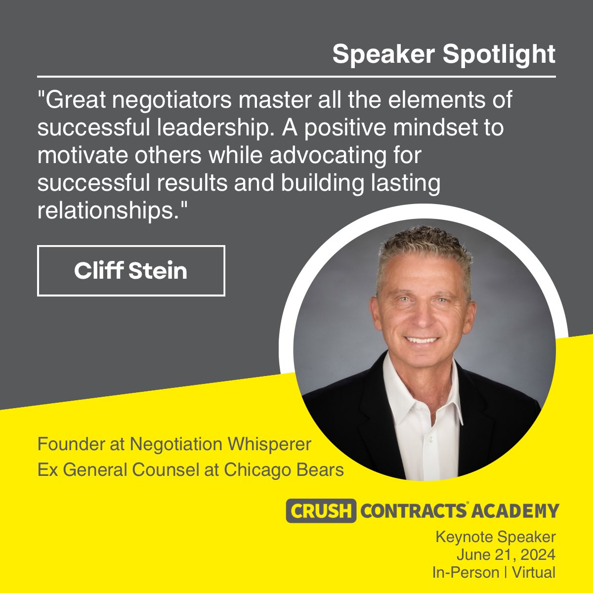 crushcontracts's tweet photo. Learn negotiations with Cliff Stein at CrushContracts Academy on June 21, 24 at @Deloitte. Key note speaker, founder of Negotiations Whisperer and Former @ChicagoBears. 
Buy tickets today. https://t.co/zI87rpsoqk https://t.co/lJIAagYs6C