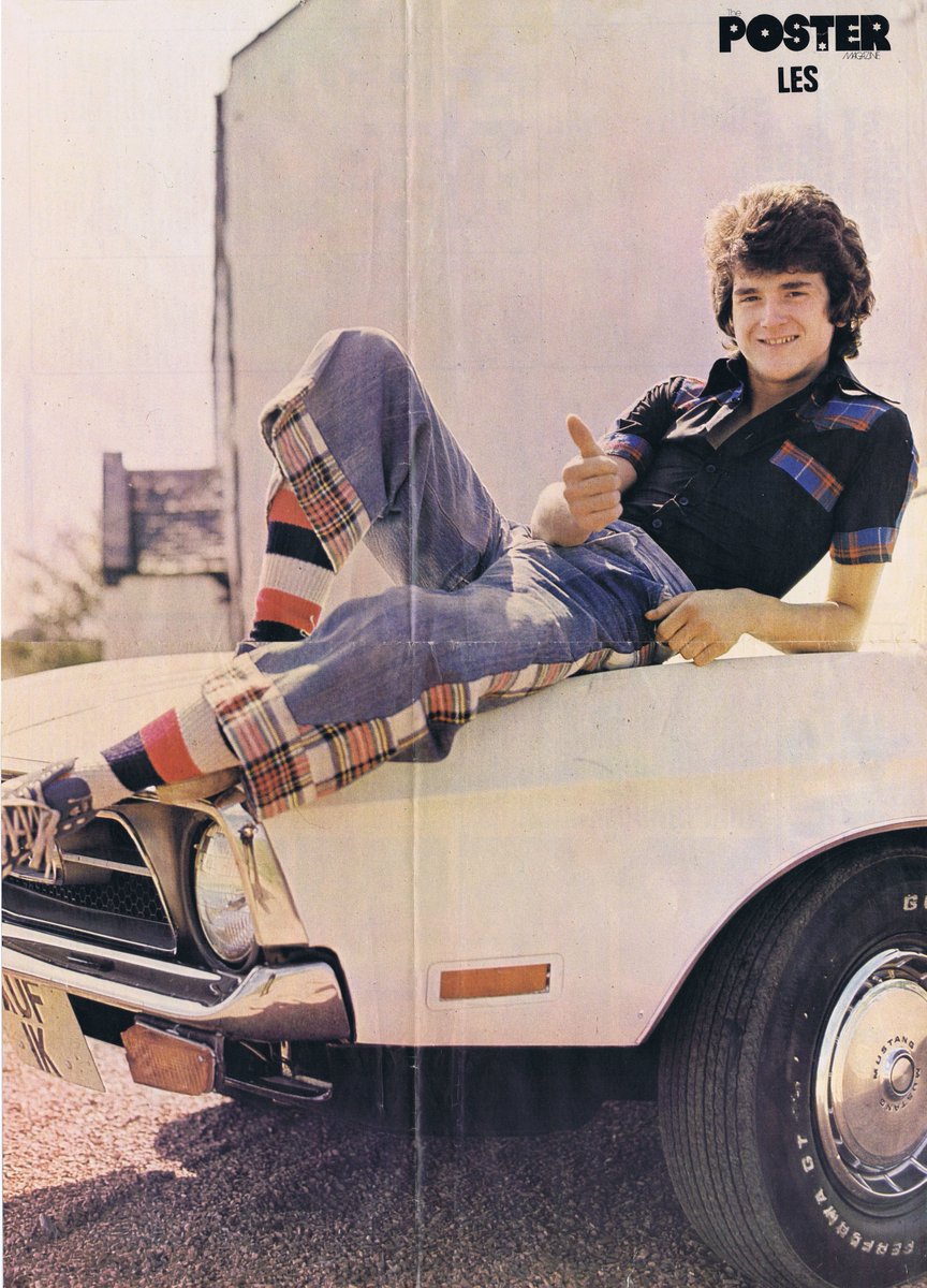 Gorgeous poster of Les from 1975, sat on the bonnet of his white Ford Mustang ❤️ #LeslieMcKeown #LesMcKeownUK #BayCityRollers