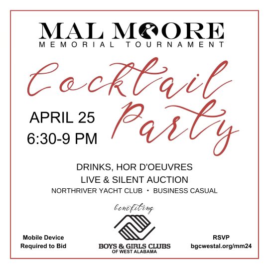 Regina (@RollTideMamma)& I support the Boys & Girls Clubs of W Alabama. This week is the Mal Moore Cocktail Party & Tournament. Come join us Thurs night at NRYC for the party. Auction info is in the tweet below. Dinners w/@nate_oats, Regina & me. Calloway Golf package & more!