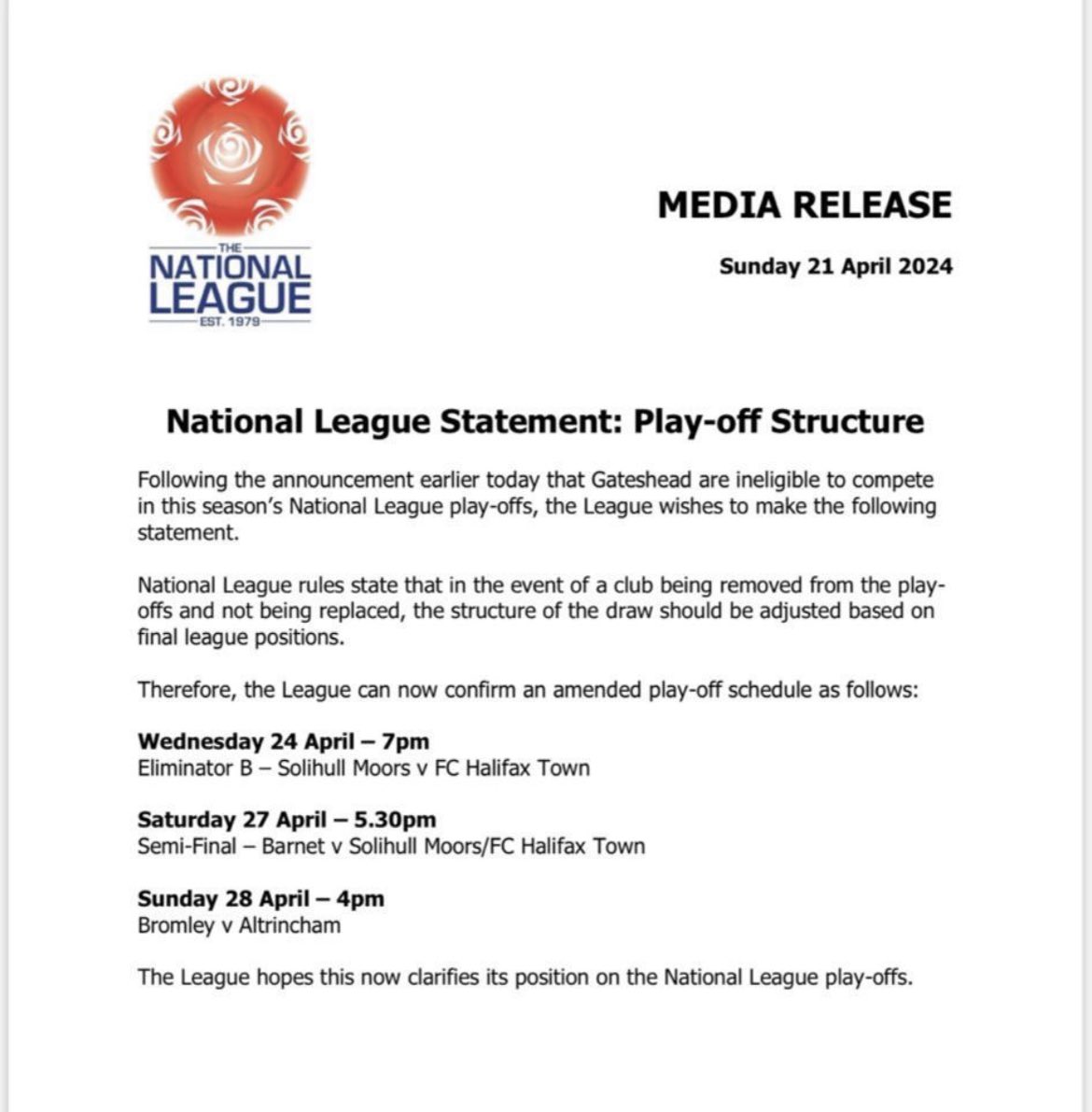 NEW | @altrinchamfc now handed bye to National League semi-final (not @SolihullMoors as originally stated) after @GatesheadFC were kicked out! @Halifax will play @SolihullMoors in eliminator instead National League statement below ⬇️