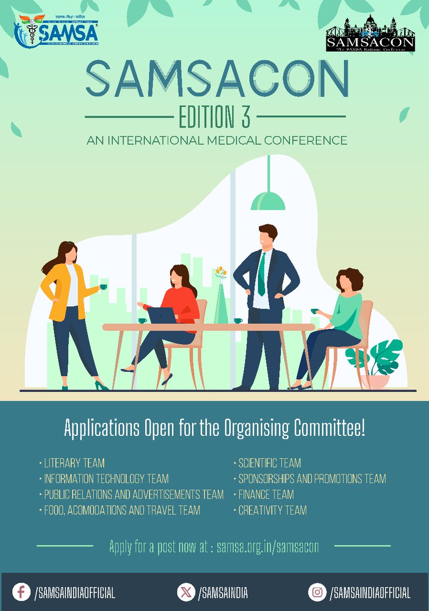DatMukherjee's tweet image. #MedTwitter 
Applications are *now open* to be part of the esteemed *Organizing Committee for SAMSACON*, our upcoming *International Medical Conference* organized by *South Asian Medical Student Association (SAMSA).*

Apply now

samsa.org.in/samsacon/
@samsaindia 
@JournalSAMSA