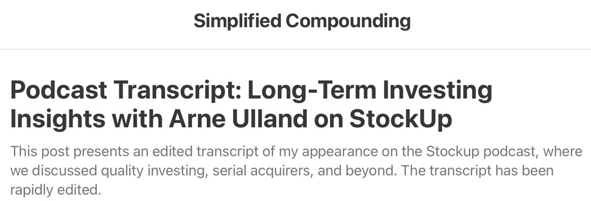 Looking for some reading ideas this Sunday (and on any other day)? Then you should definitely check out @ArneUlland's appearance on the StockUp podcast (@HanFarStockUp). He owns a Tortoise-like portfolio and with very satisfying returns so far. 

Transcript downloadable on his