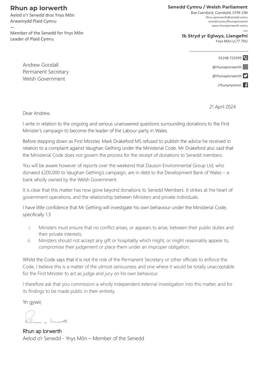 Plaid Cymru leader @RhunapIorwerth has written to the Welsh Government's permanent secretary calling for an independent investigation into Vaughan Gething’s campaign donation The company which donated £200k to Gething’s campaign is in debt to a Welsh Government-owned bank