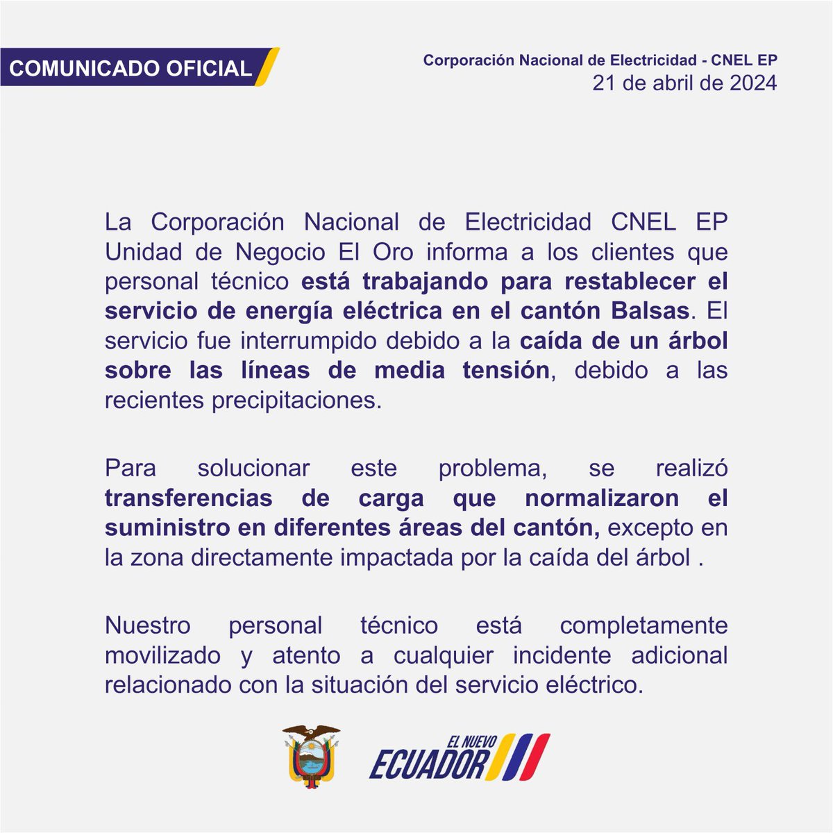 Informamos a la ciudadanía del cantón Balsas, provincia de #ElOro: