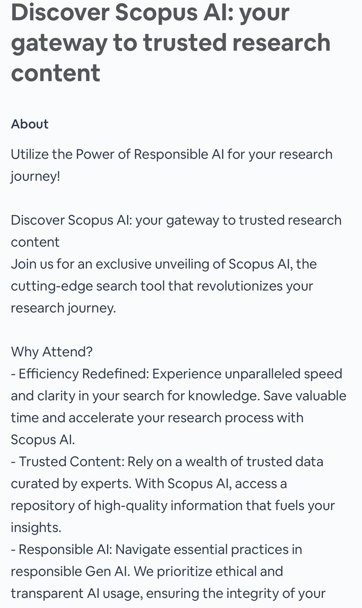 Perhaps someone might be interested in this Elsevier seminar on Scopus AI.

Discover Scopus AI: your gateway to trusted research content