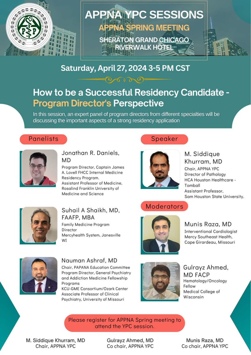 In- Person Session at APPNA Spring Meeting in Chicago on 4/27/24 3pm CST “How to be a Successful Residency Candidate - Program Director's perspective” 3 Program Directors from IM, FM and Psychiatry will be among Panelists #Match2025 #MedTwitter #MedEd #Unmatched #NRMP #USMLE