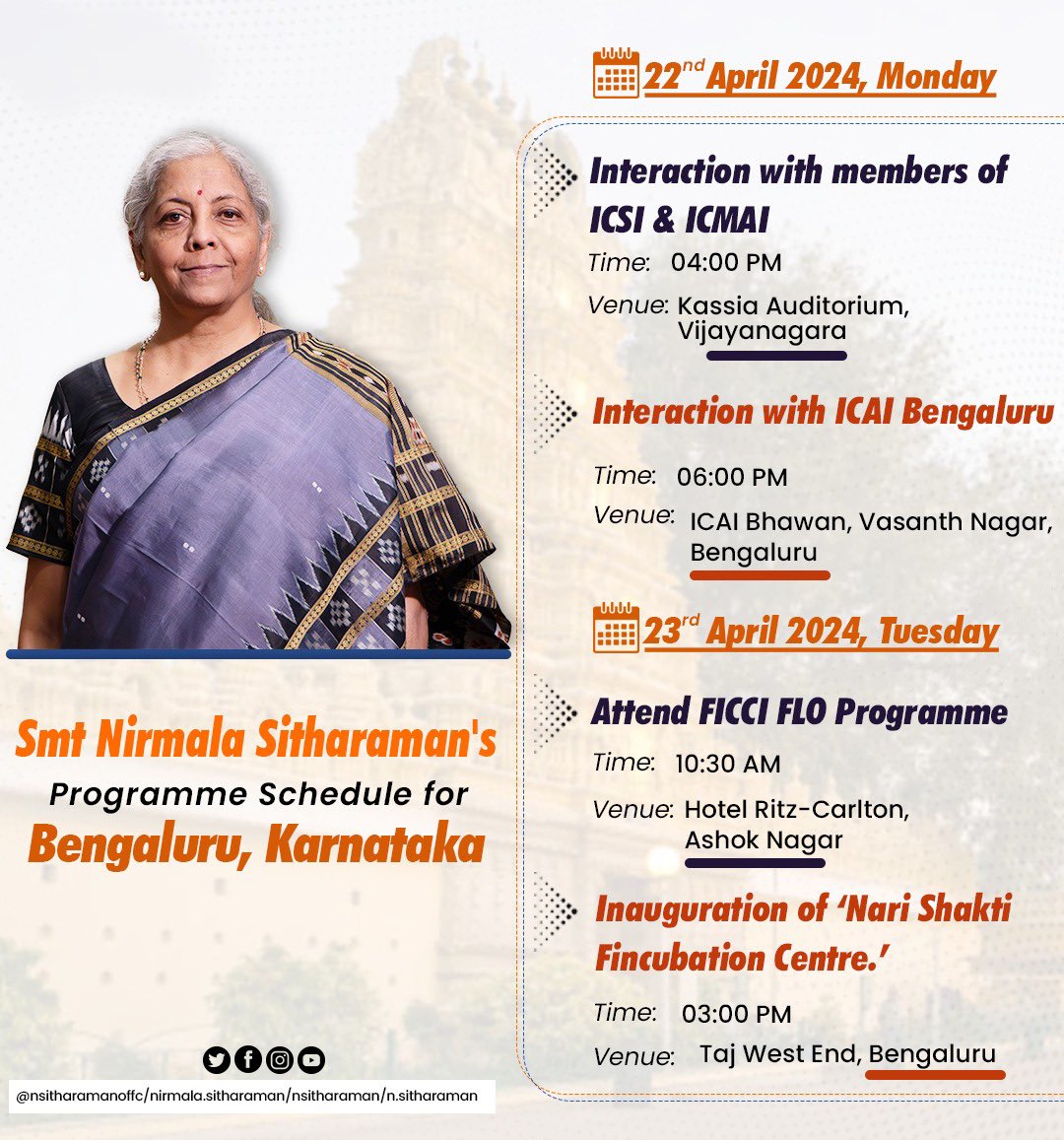 Programme details of Smt @nsitharaman's visit to Bengaluru, Karnataka on April 22nd and 23rd, 2024. #PhirEkBaarModiSarkaar