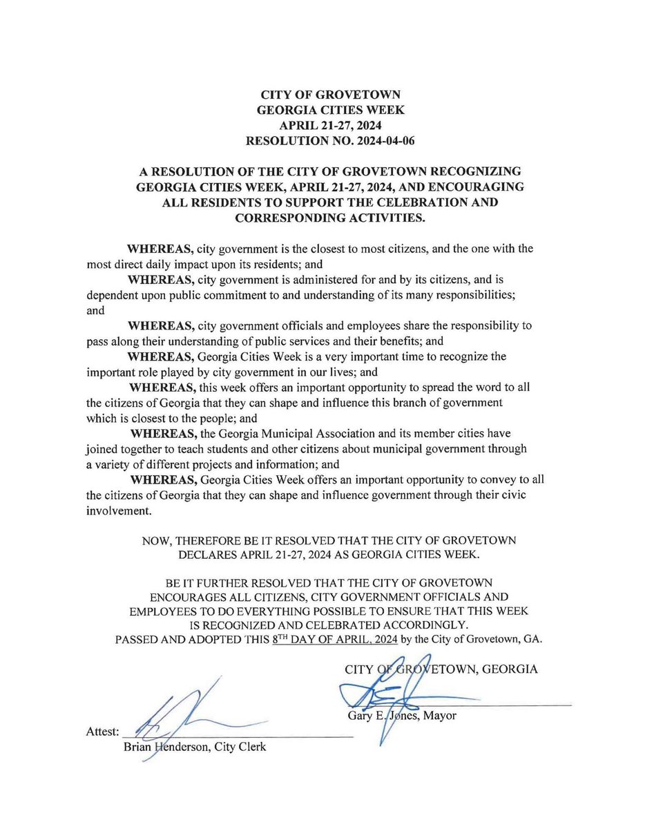 It's officially #GeorgiaCitiesWeek! This resolution was passed at the April City Council meeting, kicking off this week's festivities. Check out our pinned post for a full schedule of events! We hope you'll join us in celebrating local governments & services they provide!