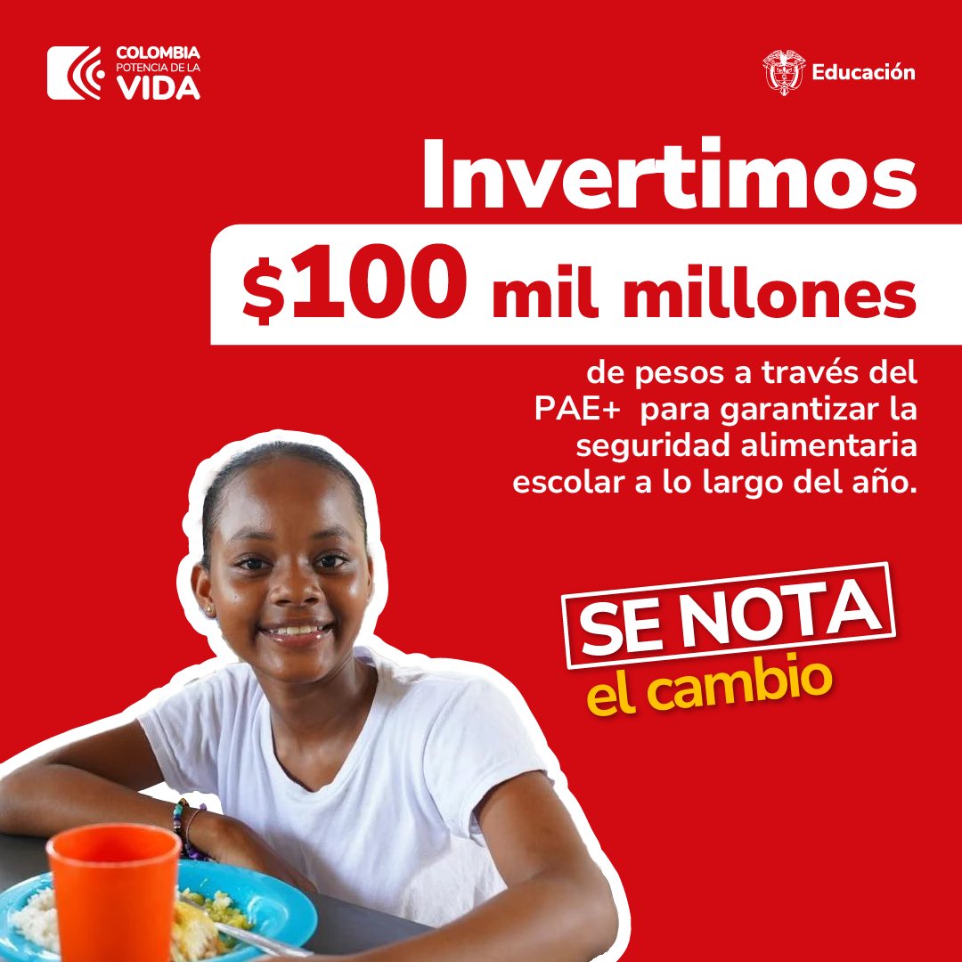 #SeNotaElCambio | A través del #PAE+ cuidamos a nuestros niños, niñas, adolescentes y jóvenes más vulnerables, asegurando su alimentación durante los 365 días del año. Por una Colombia sin hambre 🇨🇴. #HambreCero
