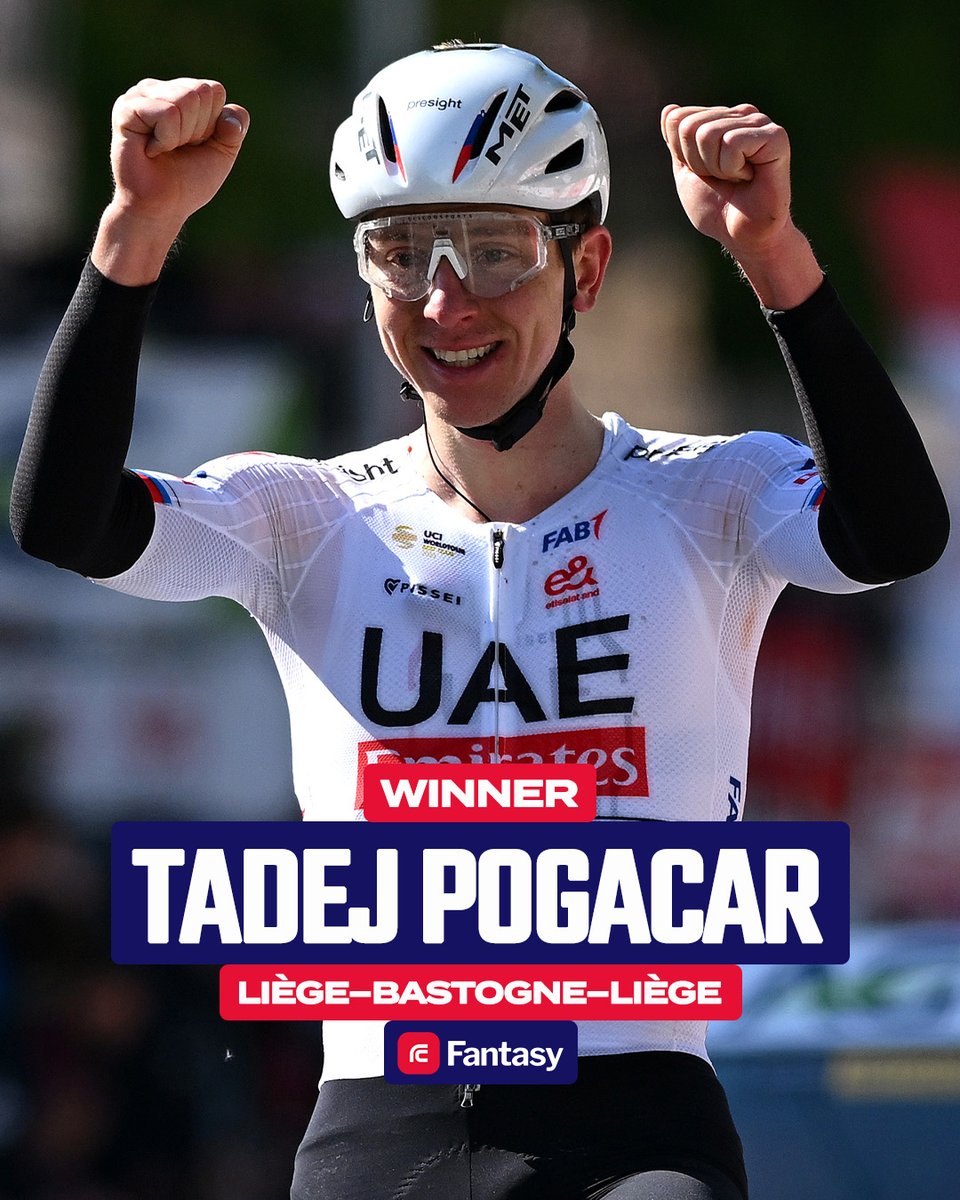 Pogačar is unstoppable at Liège–Bastogne–Liège 😍🏆 Bardet and Van der Poel finish on the podium. Were they in your Fantasy’24 team? Play Fantasy’24 on Road Code: goto.velon.cc/xroadcode Result: 1. Pogačar 2. Bardet, +1:38 3. Van der Poel, +2:00 📸 Getty Images