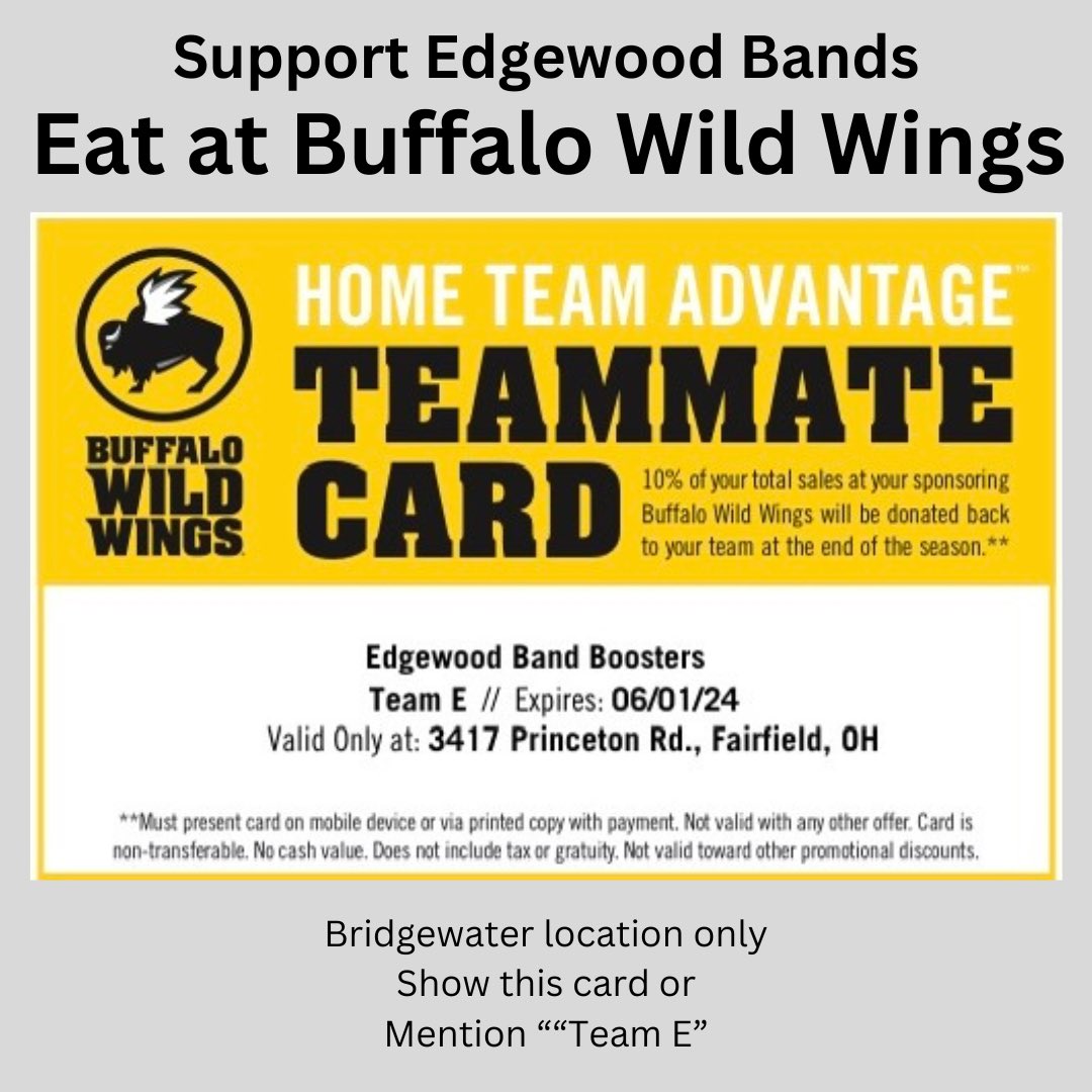 edgewoodbands's tweet photo. Our Buffalo Wild Wings fundraiser is still going on! 

Make sure to mention “Team E” every time you eat there. Dine in or carry out. Bridgewater location only. The Edgewood Band Program will receive 10% of your total. 

Through June 1. 

#SupportMusicEducation https://t.co/FHbMhnFFD5