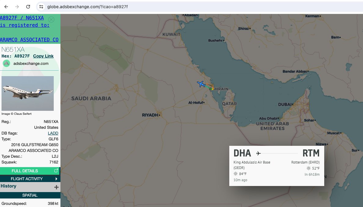 #SaudiAramco VIP plane out of #Dhahran SA flying to Rotterdam in the Netherlands. #N651XA