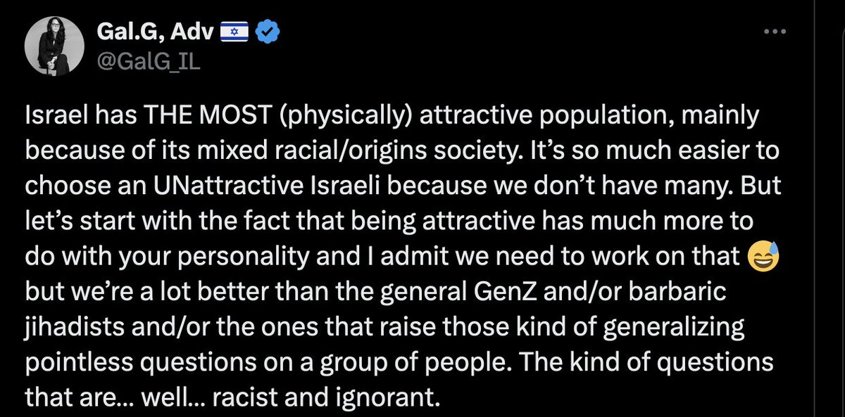 @ryangrim Yep, Gal is a special case. A mix of supremacist, condescension and maximizing the victim narrative while minimizing Palestinian identity and struggles, pretends to be a lawyer but is really just a propaganda hound.