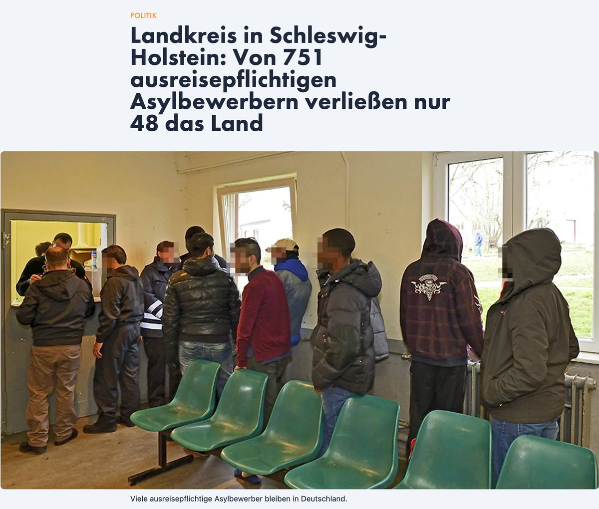 #Deutschland muss konsequenter abschieben!

Gerade einmal 48 von 751 ausreisepflichtigen Asylbewerbern im Kreis Rendsburg-Eckernförde haben 2023 das Land verlassen. Im vergangenen Jahr leitete der Kreis 30 Verfahren ein, von denen nur elf abgeschlossen wurden. Bearbeitung der 30…