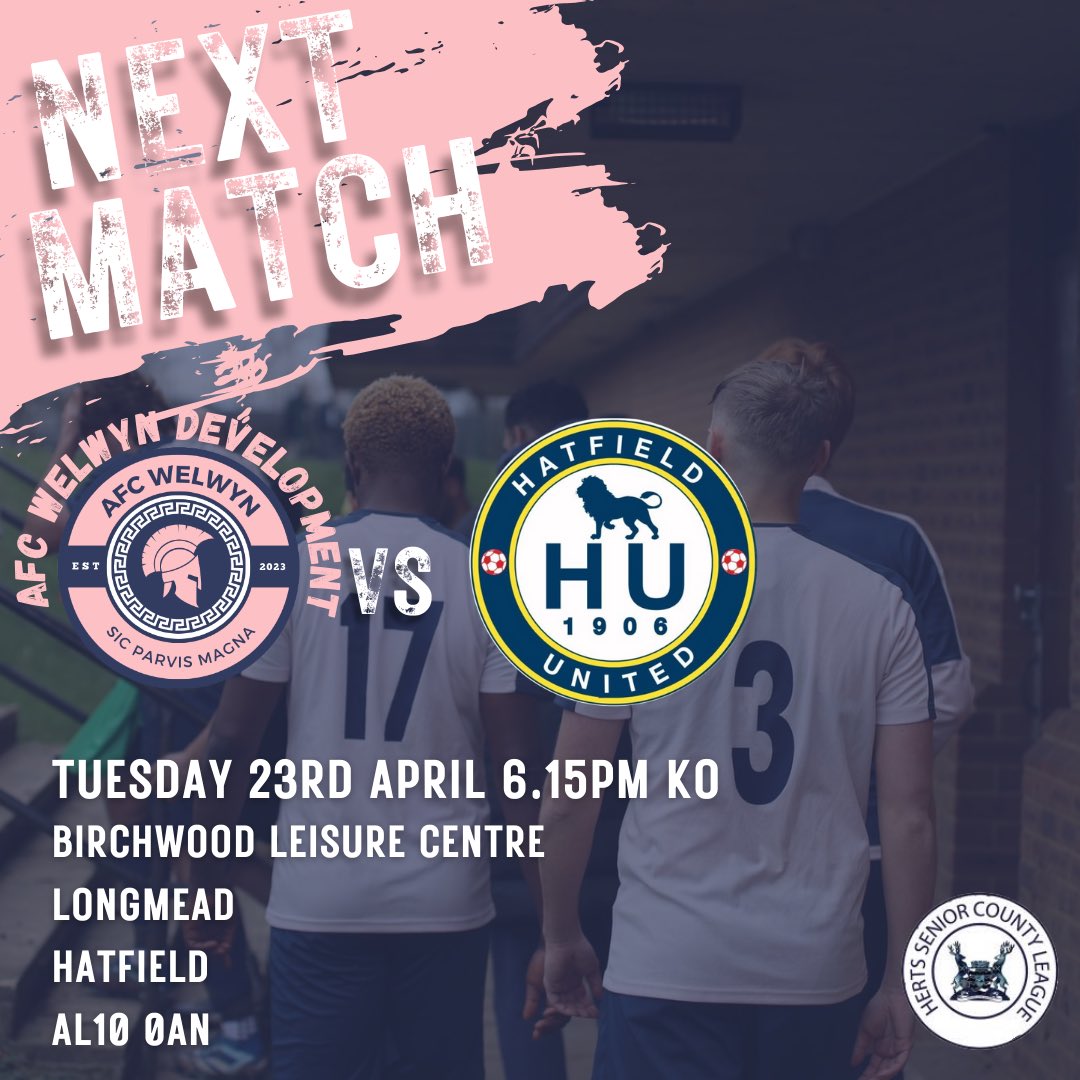 We play against @HatUnitedFC in another Midweek fixture this Tuesday We would appreciate the support ⚽️💙🩷 📅 Tuesday 23rd April 2024 ⏰ 6.15pm KO 🗺️ AL10 0AN #afcwelwyn #afcwelwyndevelopment #uptheromans