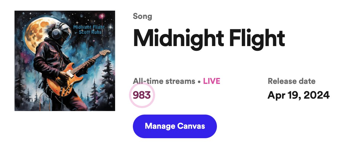 Less than 20 streams to go to get to the 1,000 mark. Much gratitude to everyone who has been streaming 'Midnight Flight'. open.spotify.com/track/3eLNg6jm…