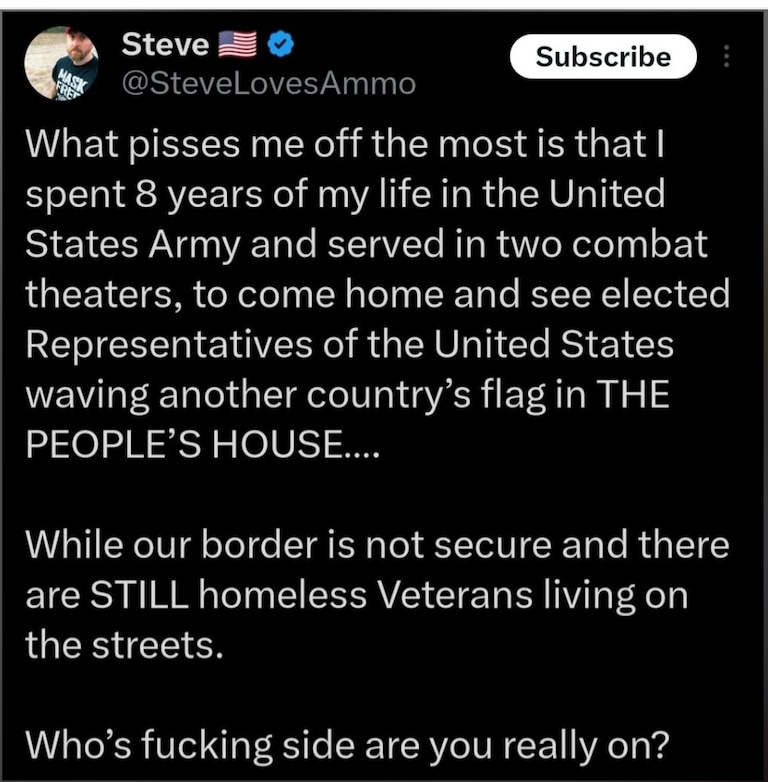 This is how our veterans feel after serving and risking their lives for this country, then see Democrats waving another country's flag in THE PEOPLE'S HOUSE. Absolutely shameful.