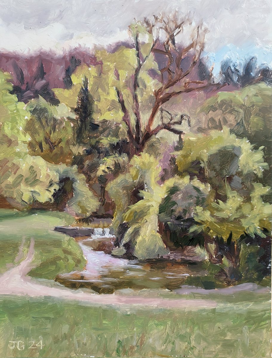 It was well cold today with the wind, but I persisted, managing to paint a view of the stream in Hughenden Park.There was some sun but mostly overcast. Oil on primed panel, 24 x 30 cm. #hughenden #hughendenpark #landscapeoilpainting #oilpainter #oilpainting #oilonpanel #pleinair