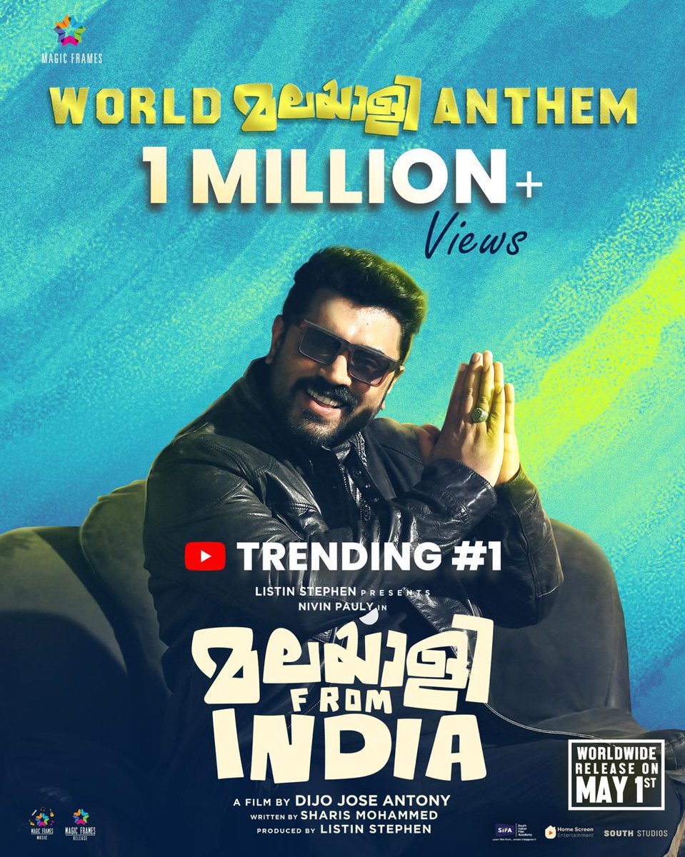 Capturing the hearts of million and counting 🎉🎉 #YoutubeTrending youtu.be/dc1qeEiYj54 @NivinOfficial #MalayaleefromIndia #nivinpauly #May1Release @proyuvraaj