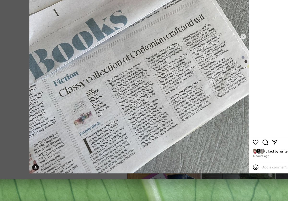 '...a collection that brings together an eclectic mix of well-known and not-so-well-known writers with totally diverse writing styles... this is a very fine piece of work' - -@BirdyBooky reviewing CORK STORIES in today's @TheSundayIndo !! @MadeleineDL @artscouncil_ie