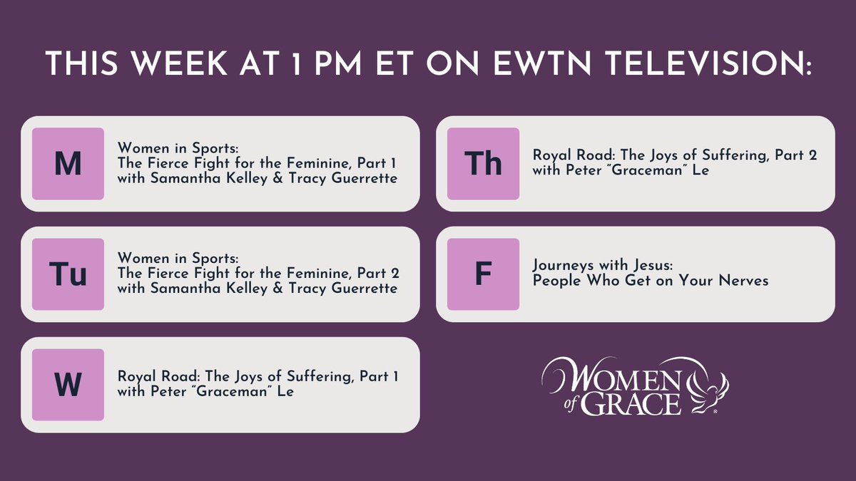 Watch these #WomenofGrace TV programs on @EWTN this week with special guests Samantha Kelley, Tracy Guerrette, and Peter “Graceman” Le. Watch live: ewtn.com/tv/watch-live/… #womenssports #femininegenius #authenticfemininity #suffering #hope @FIERCEathlete1 @TracyGuerrette