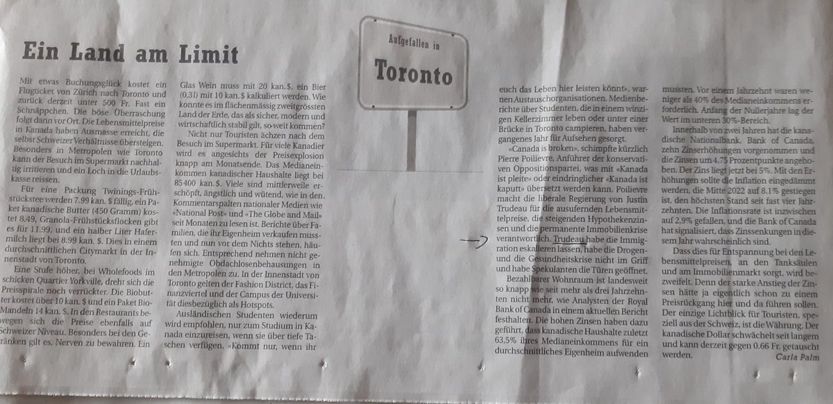 Wie weit ist Kanada gekommen. Früher noch ein Traum, heute ein Land am Abgrund. Premierminister Trudeau, bekannt als Impffanatiker und Unterdrücker der nicht geimpften, hat gut gearbeitet. Lest selbst in der Finanz + Wirtschaftszeitung vom 21.04.2024