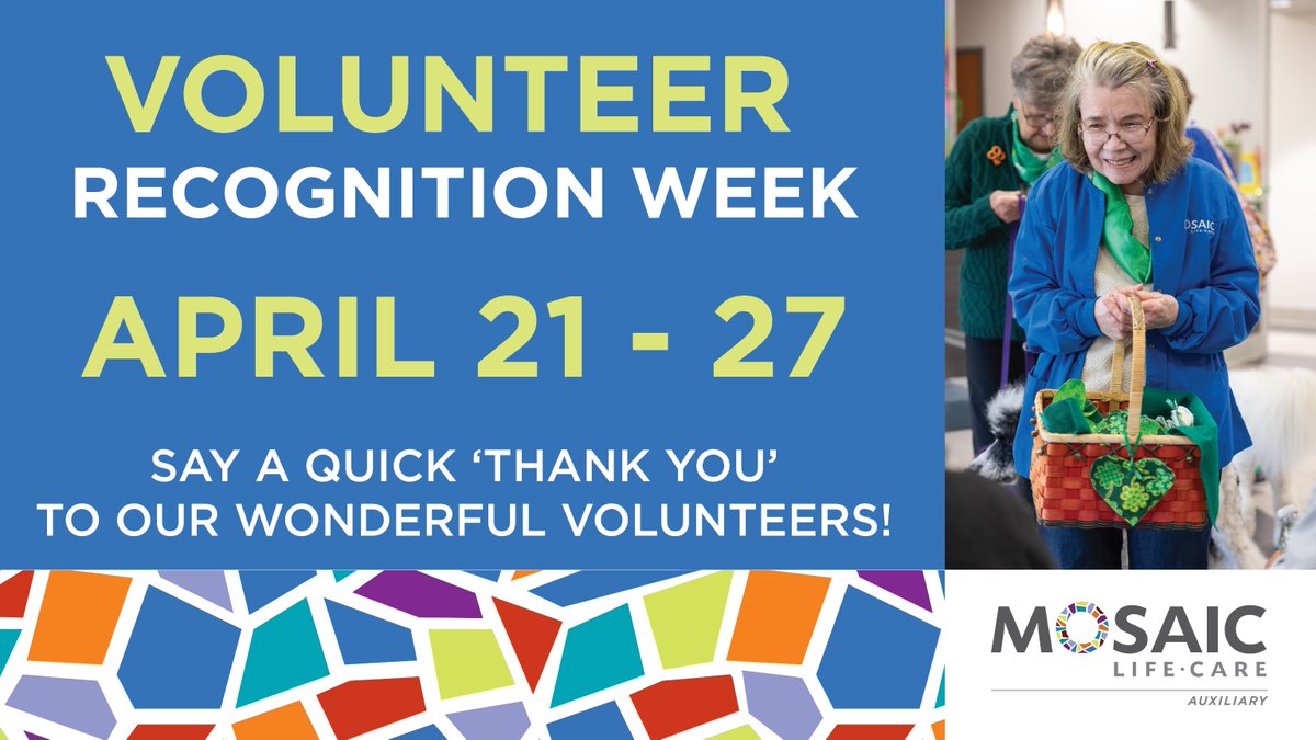 All week long we're celebrating National Volunteer Recognition Week! We're so grateful to have over 300 volunteers who have served over 30,000 hours this year for the Mosaic system. Thank you to all of those who participate in our volunteer program. #healthytoday