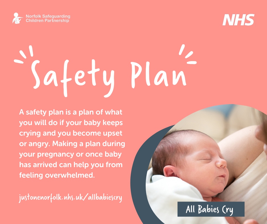 A safety plan is a plan of what you will do if your baby keeps crying and you become upset or angry. Making a plan during your pregnancy or once baby has arrived can help you from feeling overwhelmed. Your plan can include; People you can call on for support. Techniques you c...