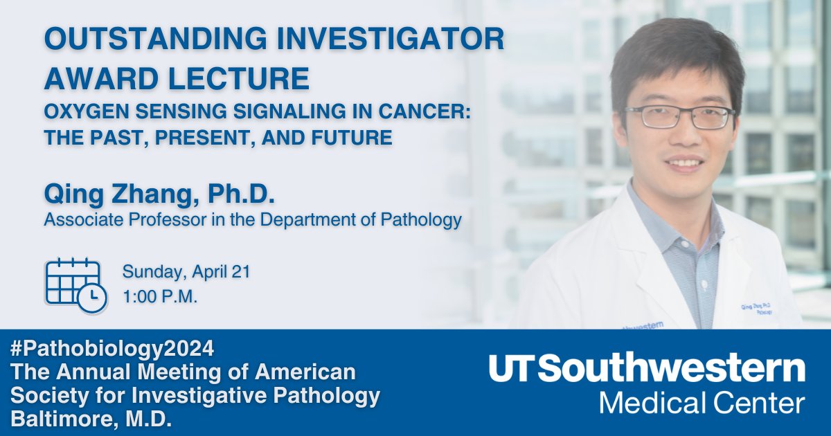 Don't miss @UTSW_Pathology's @qingzhanglab presenting the Outstanding Investigator Award Lecture at #Pathobiology2024. Learn about how researchers understand oxygen's effects on cancer growth today and the outlook for the future. @UTSWCancer @UTSWMedCenter @ASIPath
