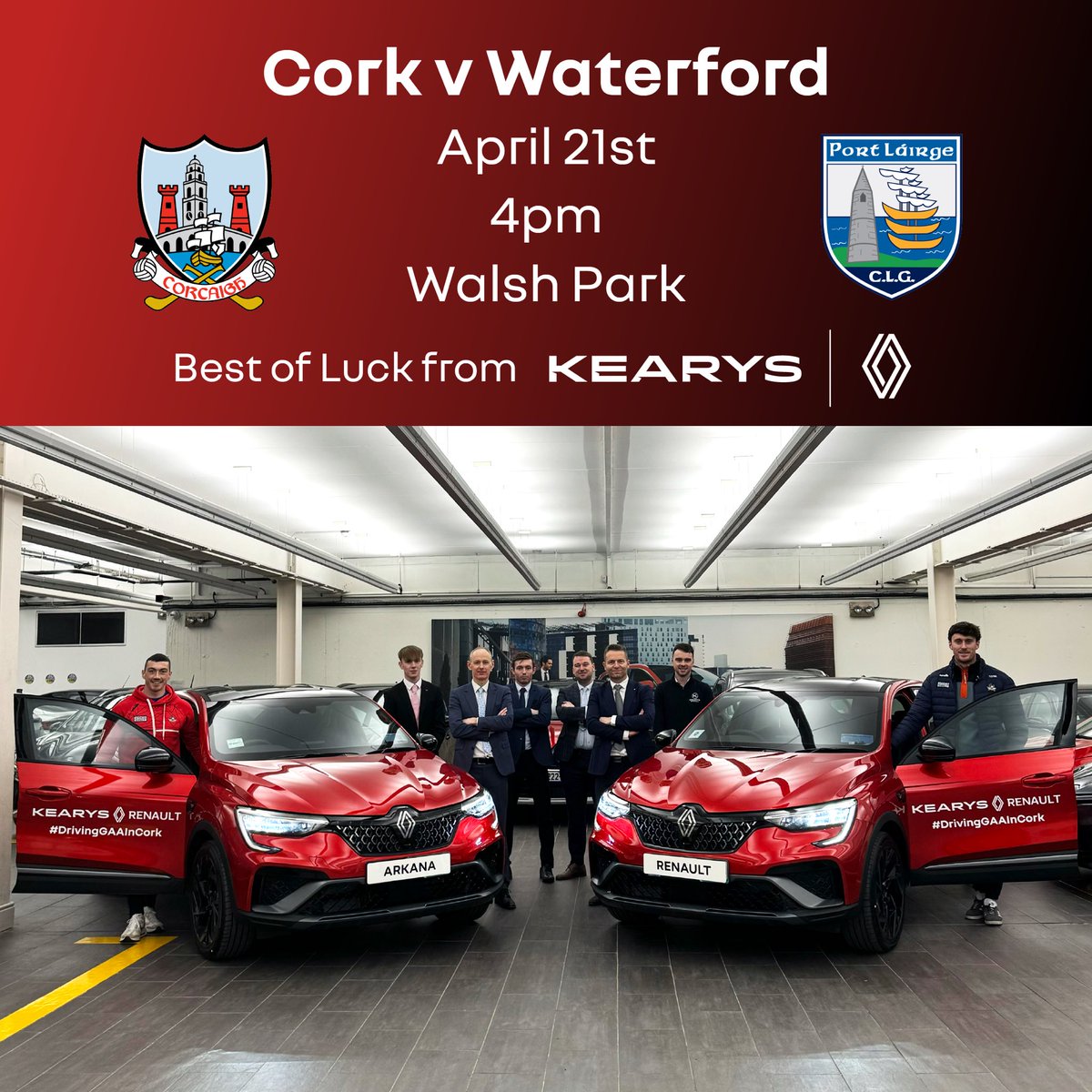 The very best of luck to the Cork Hurlers against Waterford today, especially Kearys Renault Brand Ambassadors Sean O’Donoghue & Tim O’Mahony. Kearys Motor Group proudly sponsor 6 Renault Trafic Sport Kit Vans for @OfficialCorkGAA - Cork Senior Hurling Kit Van on the road today!