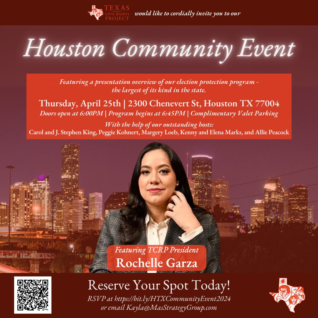 Hello, Houston! Join us April 25th for our upcoming Houston Community Event for a discussion on voting rights featuring @RochelleMGarza! We're just 4 days away, so be sure to secure your RSVP: bit.ly/49qDYxb See you there! 🤠