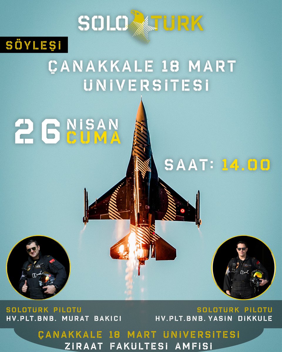 Çanakkale Onsekiz Mart Üniversitesi’nde SOLOTÜRK gösteri pilotlarımız, Hv.Plt.Bnb. Murat BAKICI Hv.Plt.Bnb. Yasin DİKKULE sizlerle olacaktır. Tarih 📅 : 26 Nisan 2024 Cuma Saat ⏰ : 14:00 Yer 🏫 : Çanakkale Onsekiz Mart Üniversitesi #MSB #solotürk #soloturk #aviation #avgeek…