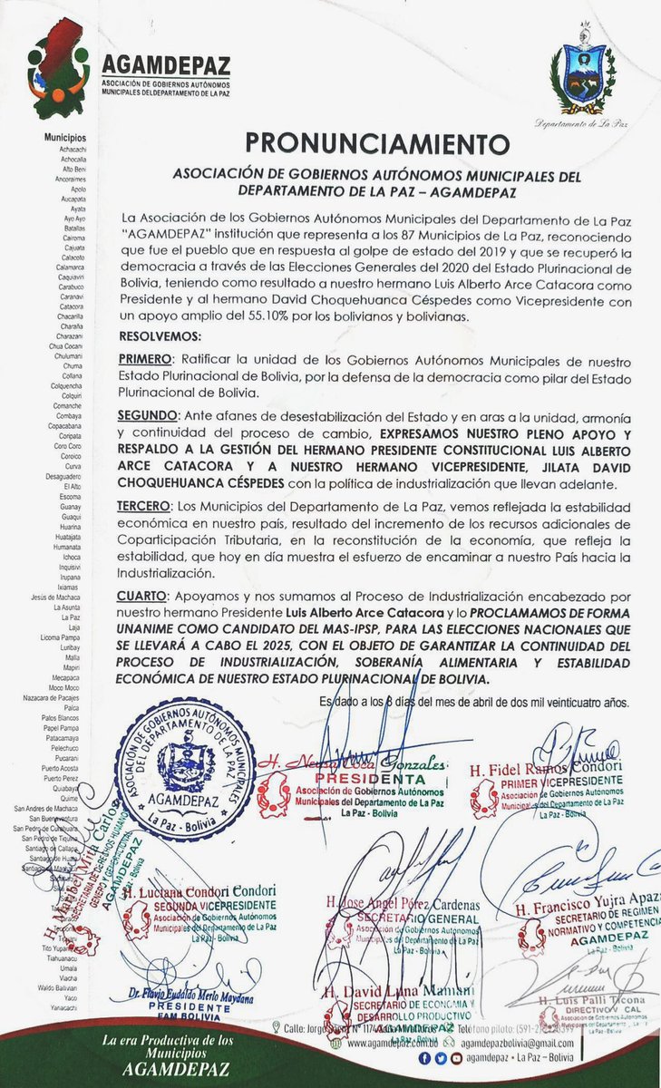 noticiasfides's tweet photo. 🔵#ANF | #Política La Asociación de los Gobiernos Autónomos Municipales del Departamento de La Paz (Agamdepaz) determinó respaldar al gobierno de Luis Arce, además proclamaron su candidatura para las elecciones presidenciales de 2025 por el @BOmereceMAS. https://t.co/4vwQMM8REP