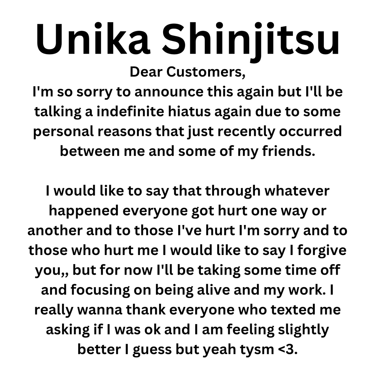 #ANNOUNCEMENT #unikashinjitsu #hiatus #timeoff #thankyou 

Tysm bye for now I'll be back when I'm ready! <3