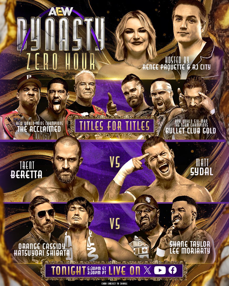 AEW Dynasty is Live Tonight on PPV! Our predictions: Strickland Ospreay Young Bucks Toni Storm Okada Willow Strong Hook Copeland, Kingston & Briscoe Bullet Club Gold Trent Cassidy & Shibata Let us know ur predictions for the event.