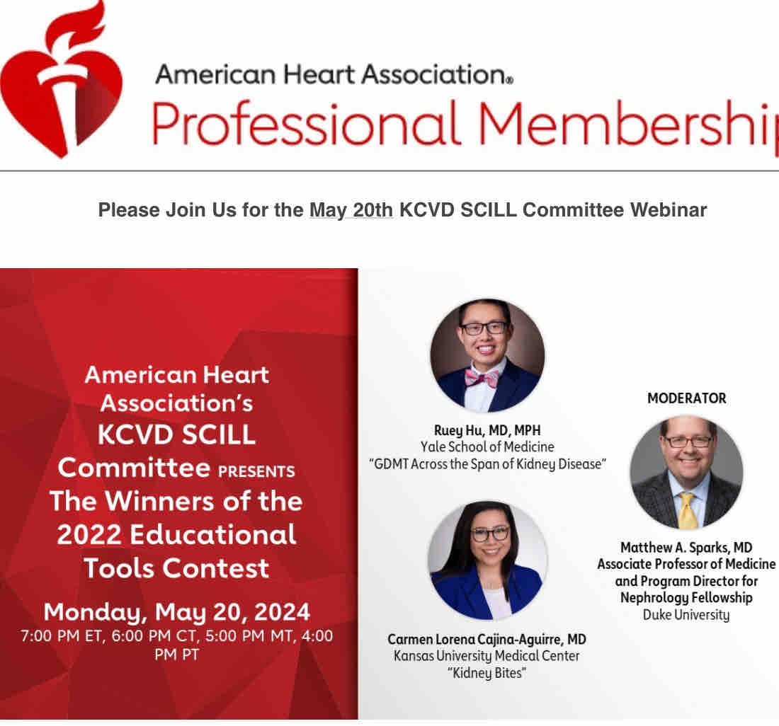 .@KidneyInCVD members! Interested in learning more about the 2022 SCILL Committee educational tools winners?? Join @Nephro_Sparks on May 20 as he chats with winners @CajinaCarmen @ruey_hu about their winning projects. Register at heart.zoom.us/meeting/regist… @LeslieGewin @RangaswJ