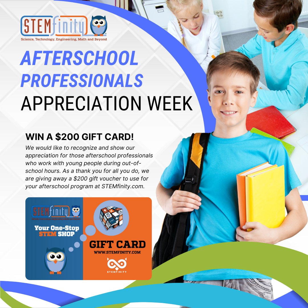 Win a $200 voucher for STEMfinity.com to power up your #afterschool program! Tag a colleague to win too! Ends April 27th. Don't miss out! <<<<< Enter Below >>>>> forms.gle/NPE7Sz8n3zPMCC… #afterschoolprofessionalsweek #outofschooltime