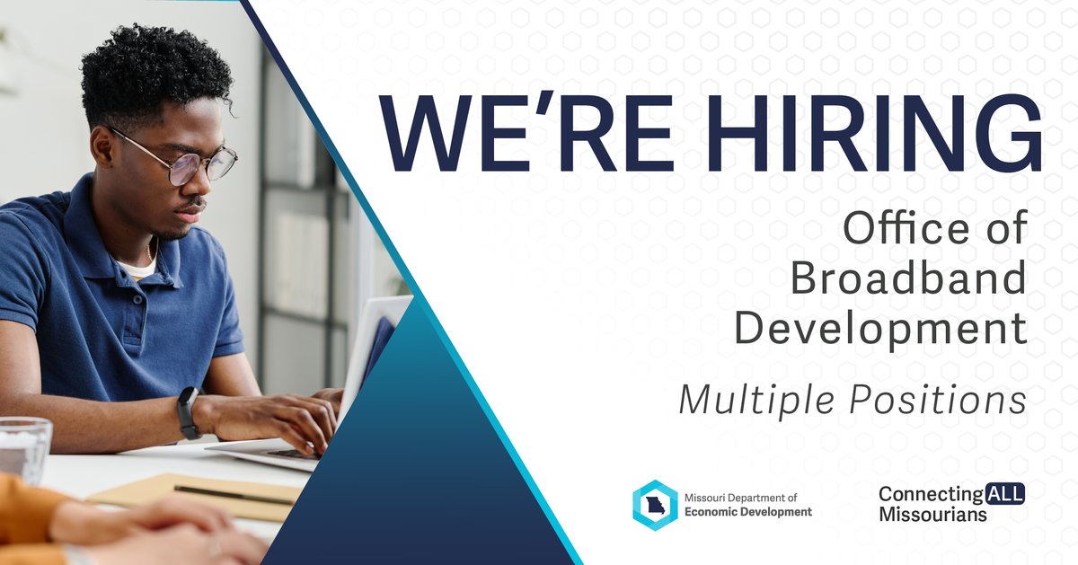 Interested in #ConnectingAllMissourians to quality internet access? Apply for a position with #TeamDED's Office of Broadband Development! Benefits include health, dental, vision, paid leave, 13 paid state holidays a year, retirement, and more! Details: bit.ly/3THfaMB