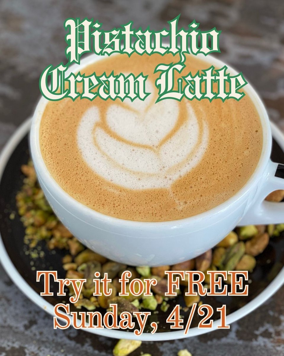 Timelesscoffee's tweet image. ICYMI: We have a brand new drink, the Pistachio Cream Latte. Made with pistachio syrup, vegan cream, our house-roasted espresso, and your choice of milk. You can try it for FREE only today, Sunday, 4/21. Available hot or iced.