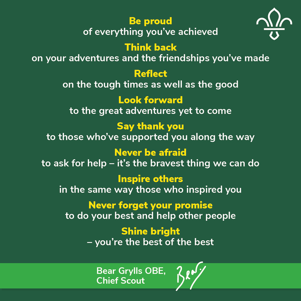 Scouts (@scouts) on Twitter photo A special message from our Chief Scout, <a href="/BearGrylls/">Bear Grylls OBE</a>, to our Queen’s and King’s Scout’s honoured at Windsor today. A special message from our Chief Scout, <a href="/BearGrylls/">Bear Grylls OBE</a>, to our Queen’s and King’s Scout’s honoured at Windsor today.