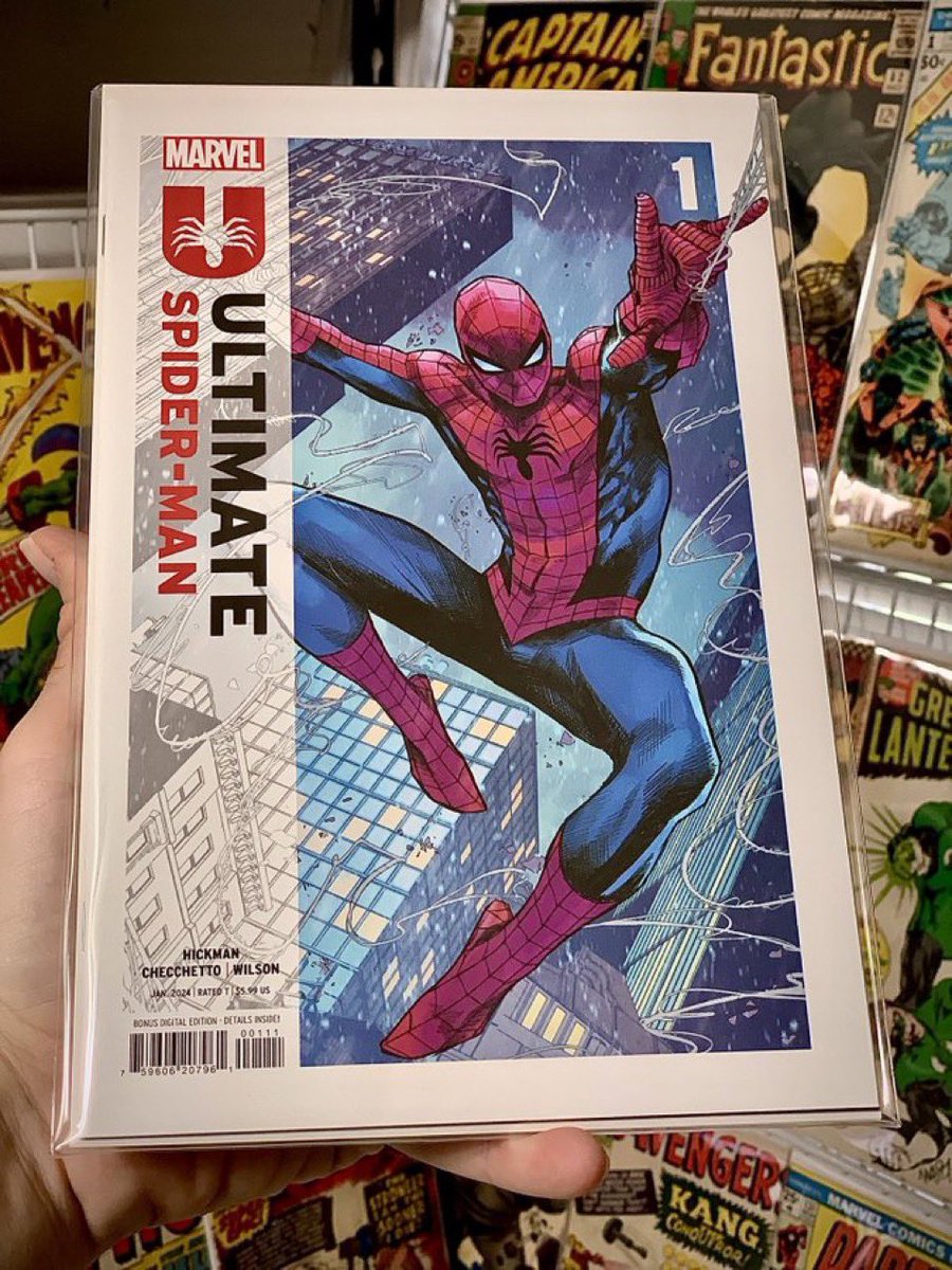 TOP 10 COMIC BOOKS No ratio variants in my Top10 Lists, only open order RAW comics. # 10 ULTIMATE SPIDER-MAN 1 Married 40yo+ Peter & MJ with kids & fans love it! $85(NM) 🔥🔥 Still overpriced but the market is what it is. The J Scott Campbell covers for USM4 drops THIS WEEK! 💫