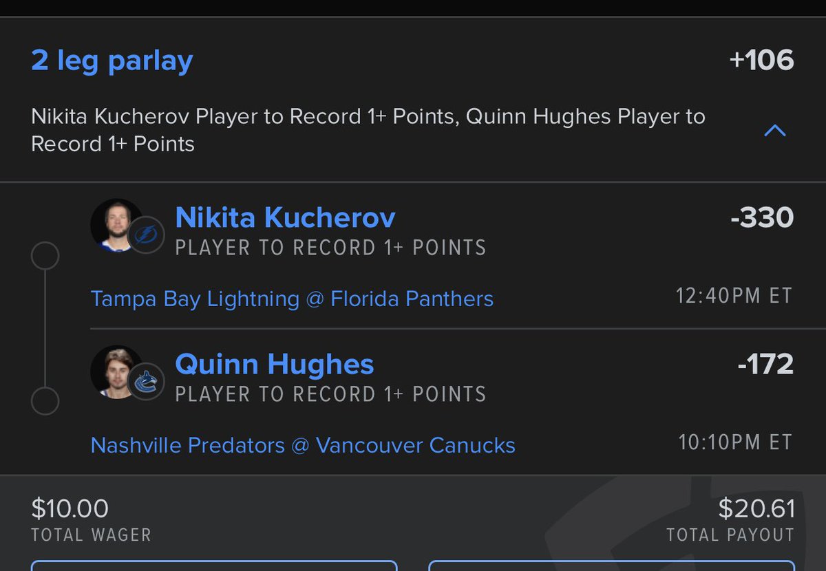 buildaparlay's tweet photo. Starting up one of those fun challenges with the playoffs here. 

7 day $10 ➡️ $1k challenge 

Play number 1 is locked in. 

Let’s get it 💪

#GamblingX #GamblingTwitter #NHL #PlayerProps #Parlay #10to1000challenge https://t.co/z4rONSKIMb