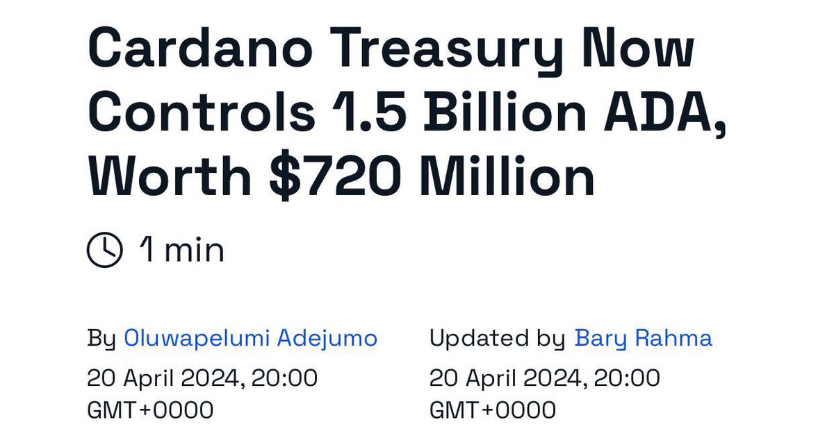 Kho bạc của Cardano đã đạt tới 1.5 tỷ token ADA, trị giá khoảng 720 triệu đô la. Chiếm hơn 4% nguồn cung lưu hành.

Trong tháng trước, giá trị của kho bạc đã vượt qua mốc 1 tỷ đô la.

Kho bạc Cardano tăng trưởng nhờ thu phí giao dịch và phần thưởng khối,