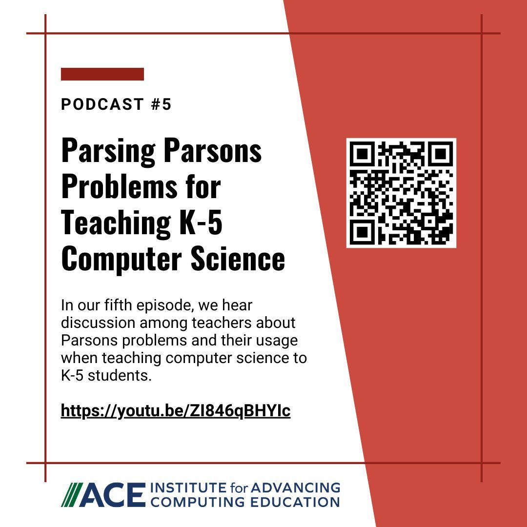 Our fifth episode in the #CSTeacherTalks podcast series is 'Parsing Parsons Problems for Teaching K-5 Computer Science'. Click below to listen! buff.ly/3W4GYft #podcast #parsonsproblems #CSEd
