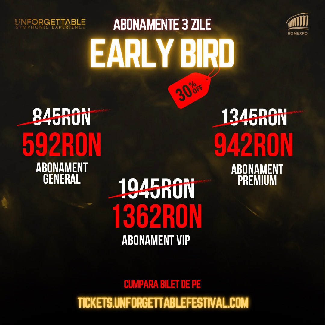 UnforgettableSY's tweet photo. 🌟🎉 Bilete Early Bird disponibile ACUM! 🎵 
Experimentează magia simfonică la Unforgettable Symphonic Experience, cel mai așteptat festival simfonic al anului! 🔥

📅 13-15 septembrie | Romexpo

👉 Bilete - https://t.co/ACt2OguS4X

#UnforgettableFestival #TogetherUnforgettable https://t.co/fuoOSriIE2