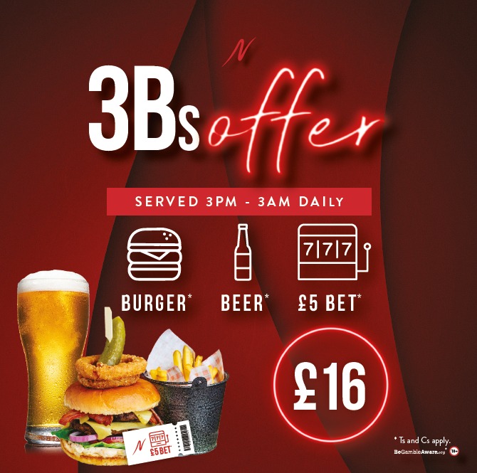 🍔🍺 3Bs OFFER 🎰 For just £16 daily, enjoy three of your favourites together: Burger ☑️ Beverage ☑️ £5 Bet ☑️ Could it get any better? ⭐ Find out more and check out the menu: tinyurl.com/2p9esu5m