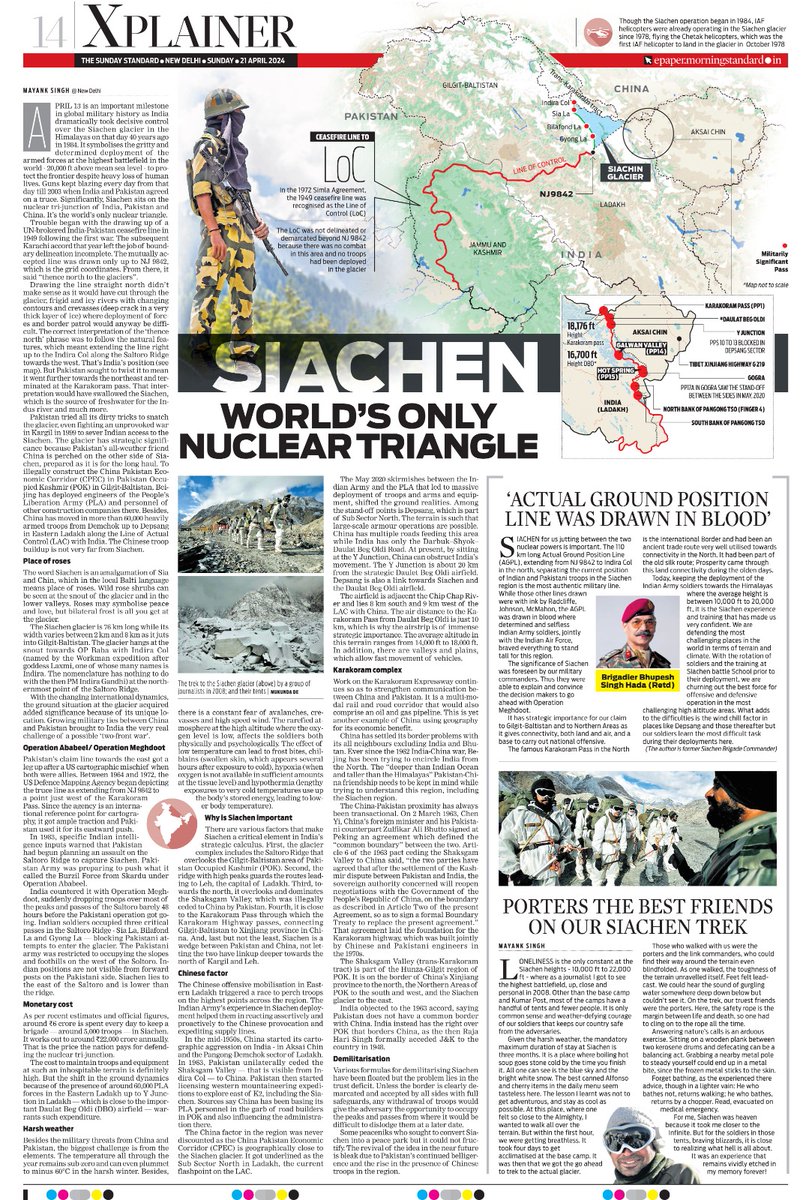 #Siachen • Only #nuclear triangle • Wedge between 🇨🇳, 🇵🇰 • Saltoro Ridge givs deep view into Gilgit-Baltistan • Nursery for soldiers acclimatisd to operate in very high alti • 110km long AGPL drawn by #IndianArmy/#IAF in blood • 40yrs of Op Meghdoot newindianexpress.com/explainers/202…