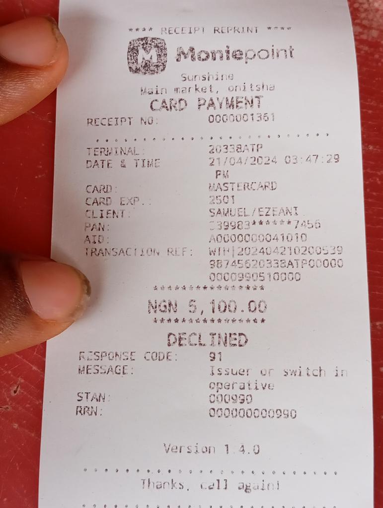 Wildcatter23's tweet photo. @gtbank @cenbank 
I had a dispense pos error while trying to process a transaction.

Find attached the POS teller https://t.co/Z7zc8LDbdd