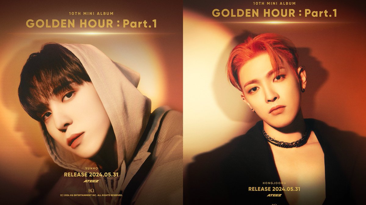 ATEEZ's Yunho and Hongjoong in first set of teaser photos for the groups upcoming album ‘GOLDEN HOUR: Part.1.’ Out May 31st.