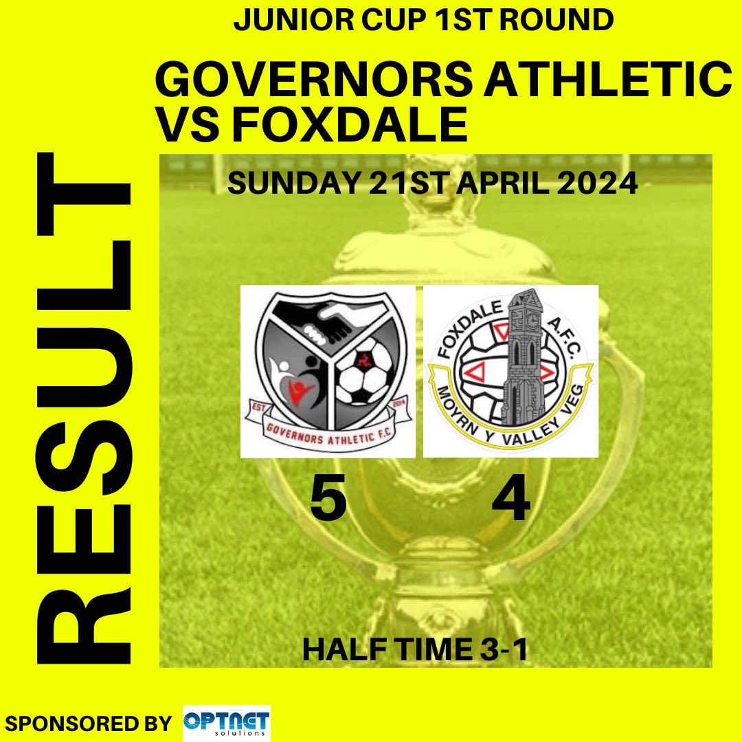 GovernorsAFC's tweet photo. RESULT

Govs 5-4 @Foxdale_AFC (HT 3-1)
Tola Okunola⚽️⚽️
Kev Faragher⚽️
Makenzie Parker⚽️
Tom Davies⚽️

Great shift from the lads to see the game out and move onto the next round 💪🏻

#UTG🟡⚫️ https://t.co/Iqt86h34cf